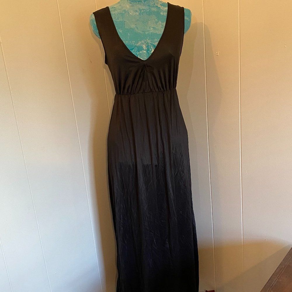 Vintage Maxi Nylon V-neck Black Night Gown Womens